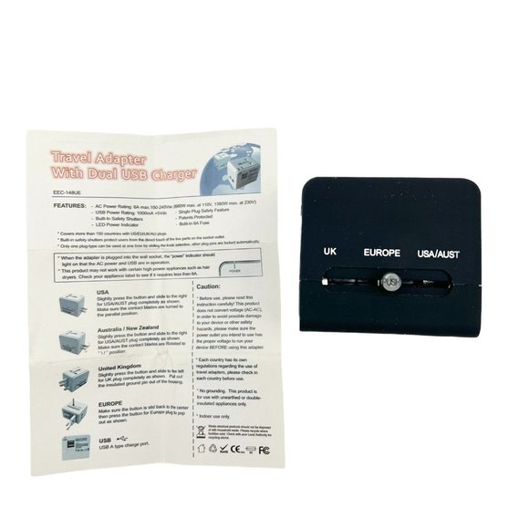 Travel Adapter with Dual USB Charger Black Supports USA Australia UK Europe NIB - Picture 1 of 12